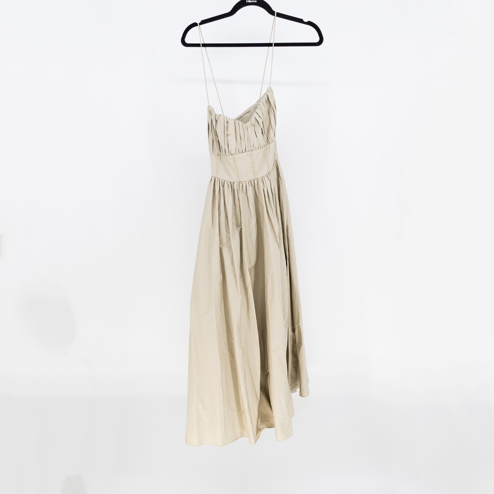 NEW ASOS Cotton Ruched Pleated Bodice Fit Flare Midi Dress Neutral 10